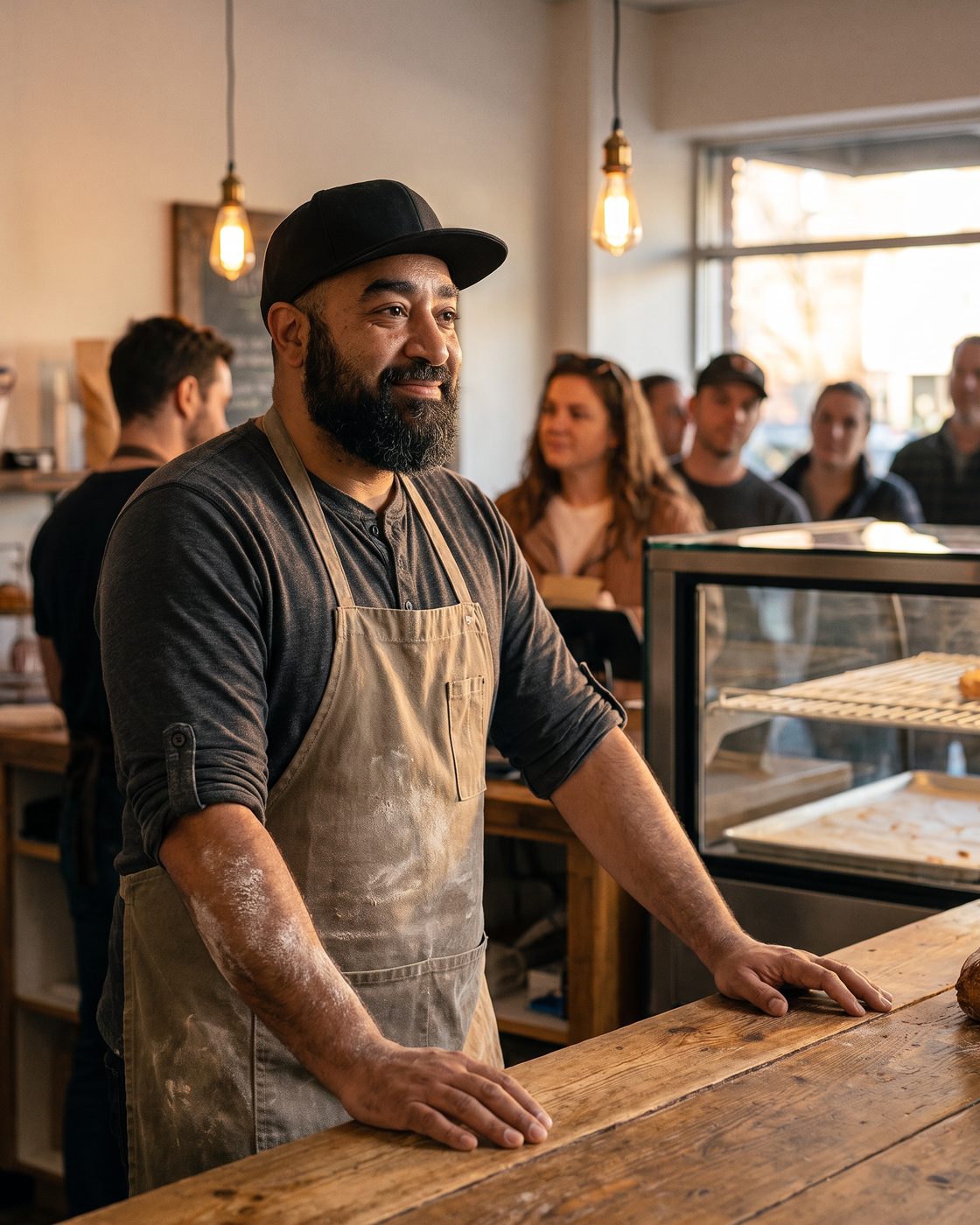 A smiling bakery owner in a cap and flour-dusted apron stands at the counter while customers line up behind.